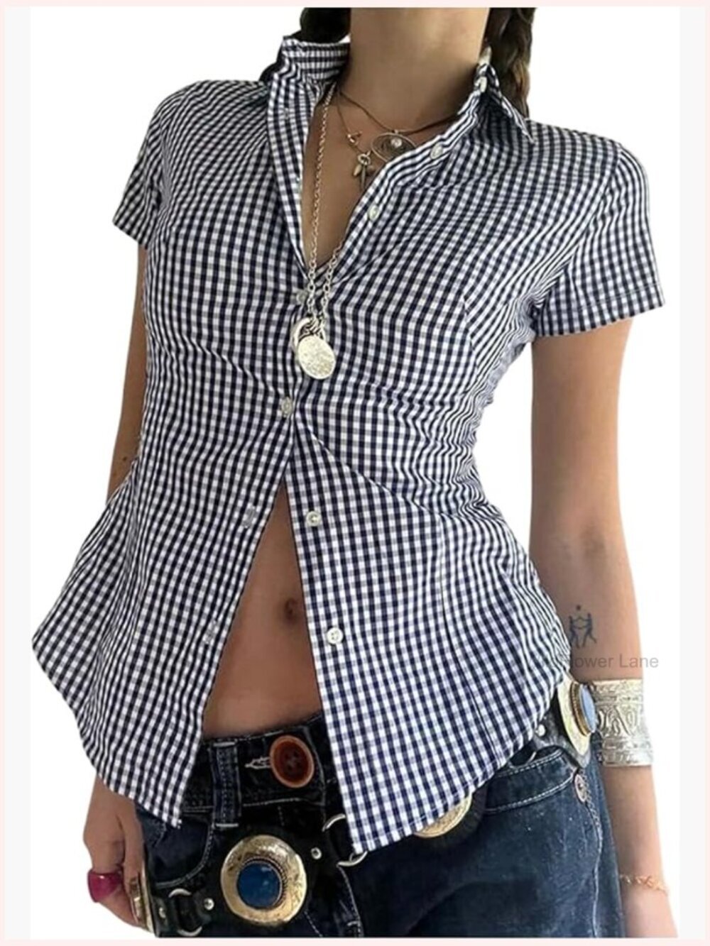 Lightweight Collared Button Down Blouse Short Sleeve Plaid